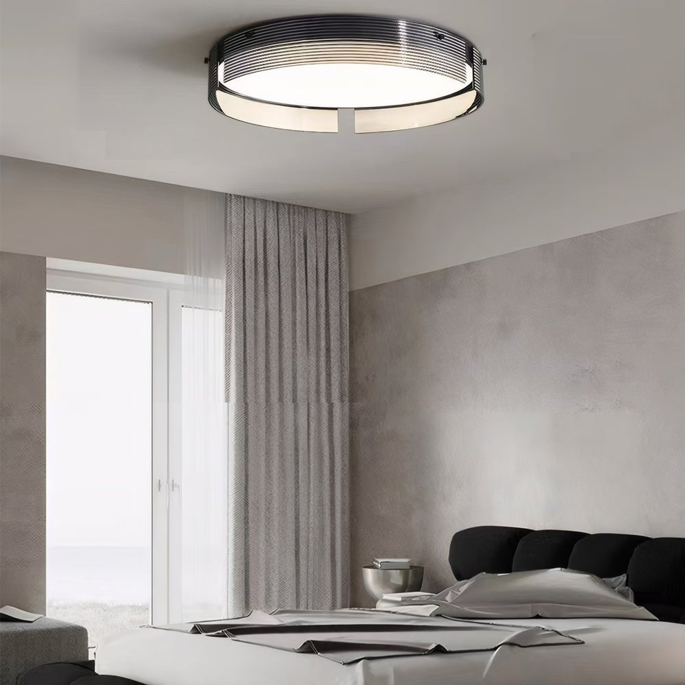 16.5-Inch Black Stripe LED Flush Mount Light - Modern Round Glass Ceiling Fixture
