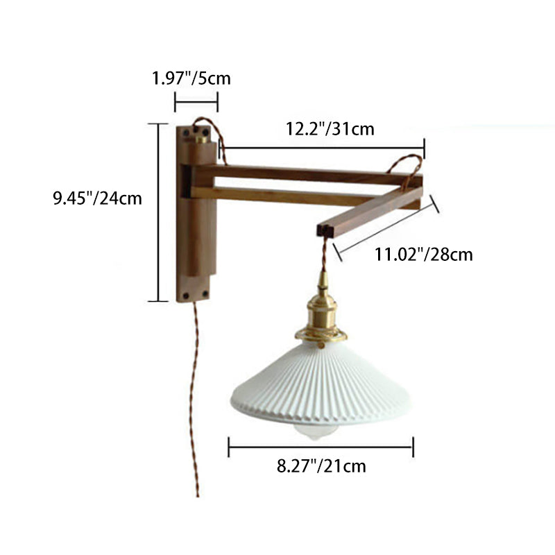 Nordic Milk White Striped Glass Walnut Retractable Wall Sconce Lamp - 1-Light Decor
