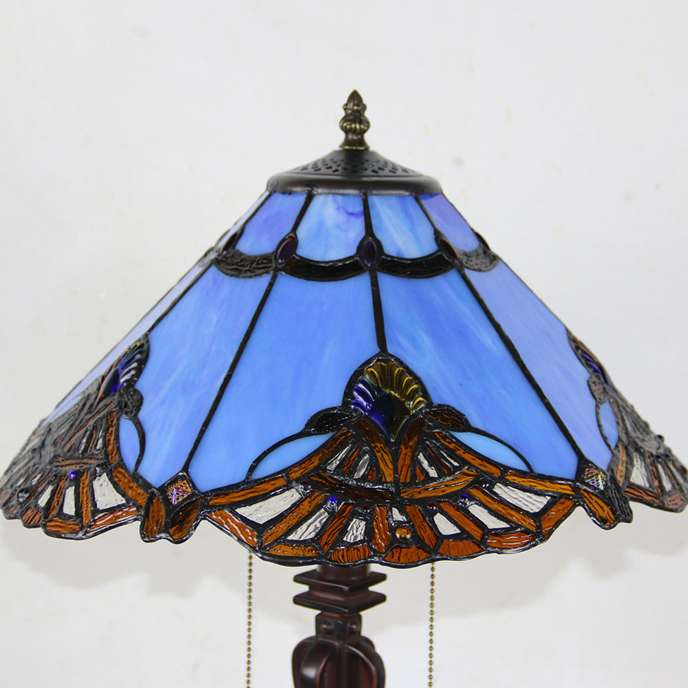 Tiffany Style Stained Glass 2-Light Cone Pull Cord Table Lamp for Bedroom