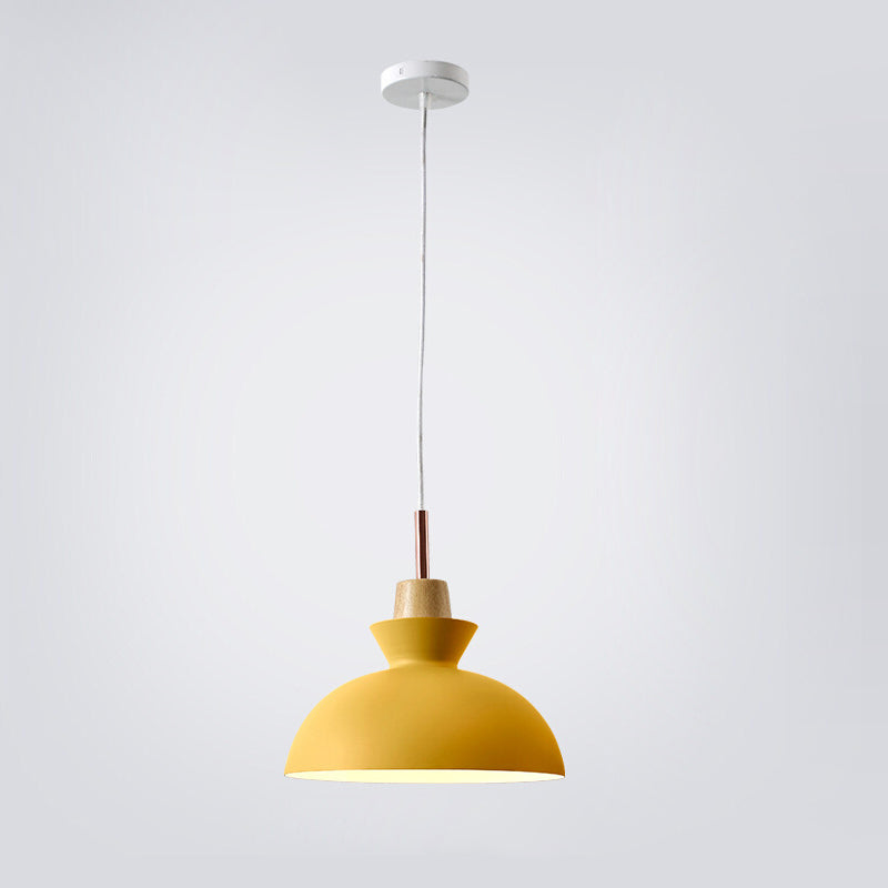 Contemporary Nordic Oak Wood Iron Bell Dome Pendant Light 1-Light Living Room