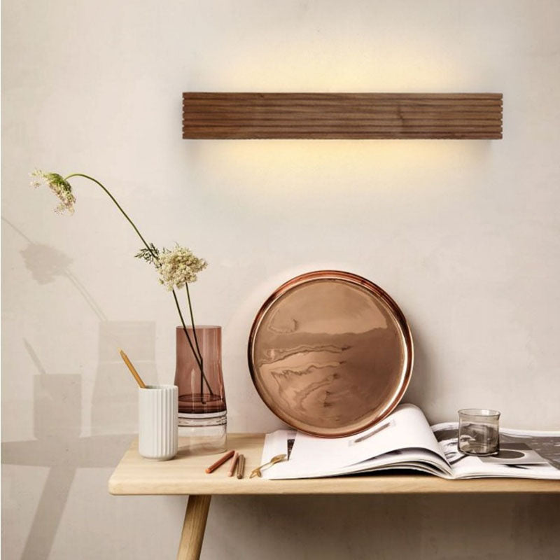 Traditional Chinese Striped Wood LED Vanity Mirror Sconce Lamp for Bathroom