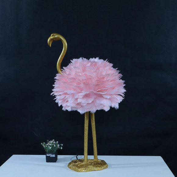 Contemporary Nordic Goose Feather Metal Flamingo Ball 1-Light Table Lamp for Bedside, Modern Accent Lighting, Decorative Bedroom Lamp, Unique Home Decor, Stylish Nightstand Light, Chic Flamingo Design, Soft Ambient Glow, Artful Lighting Fixture