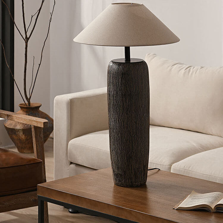 Japanese Wabi-Sabi Ceramic Column Base Floor Lamp - 1-Light Fabric Shade