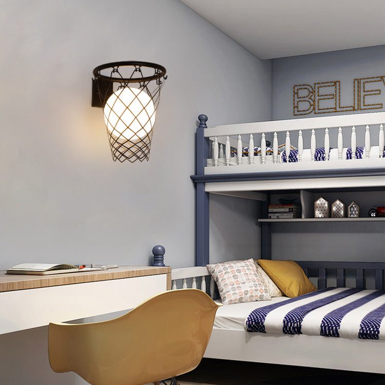 Modern Art Deco Kids Iron Glass Basketball Hoop 1-Light Wall Sconce Lamp Bedroom Lighting Decorative Fixture Adjustable Sports Theme Room Decor Playful Nightlight for Boys Girls Unique Design Fun Basketball Decor Wall Light