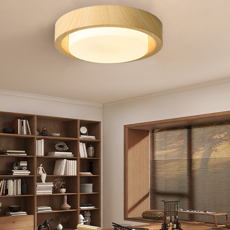 Traditional Japanese Round Glass LED Flush Mount Ceiling Light - Wood Grain Design for Bedroom