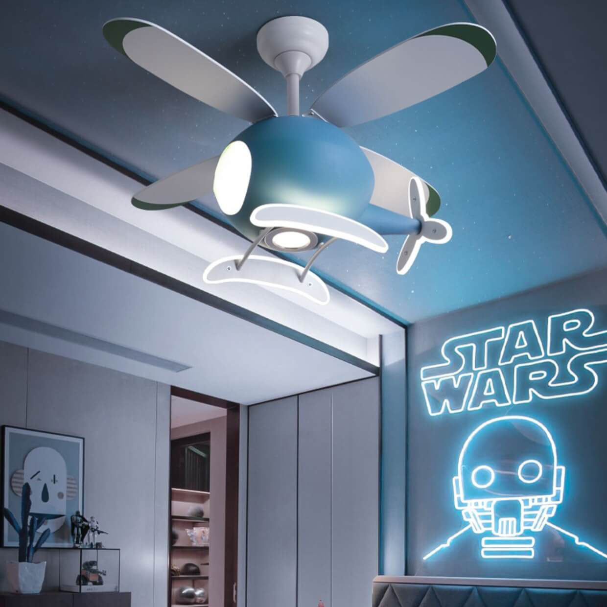 Simple Cartoon Aircraft LED Downrods Ceiling Fan Light Fixture for Kids Room Decor, Playroom Lighting, Colorful Aircraft Design, Energy Efficient Ceiling Fixture for Boys, Girls, Nursery Lighting, Fun Kids Aviation Theme Light