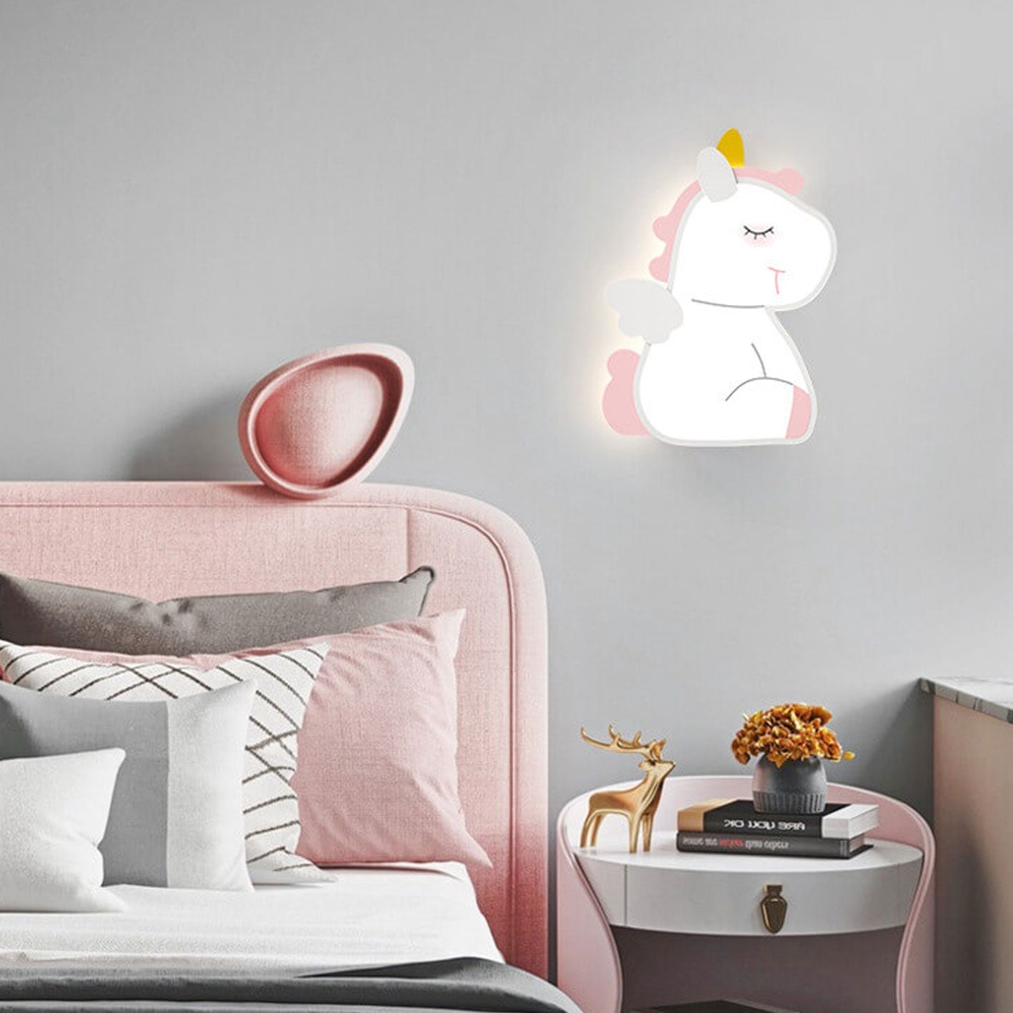Creative Cartoon Rabbit Unicorn Kids LED Wall Sconce Lamp Night Light for Nursery Bedroom Home Decor Cute Animal Design Battery Operated Soft Glow Accent Light for Children's Room Playroom Wall Decor Gifts for Kids