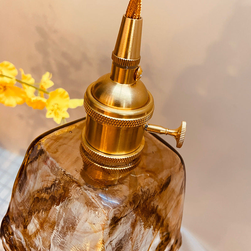 Vintage Amber Glass Brass Pendant Light 1-Light Ceiling Fixture