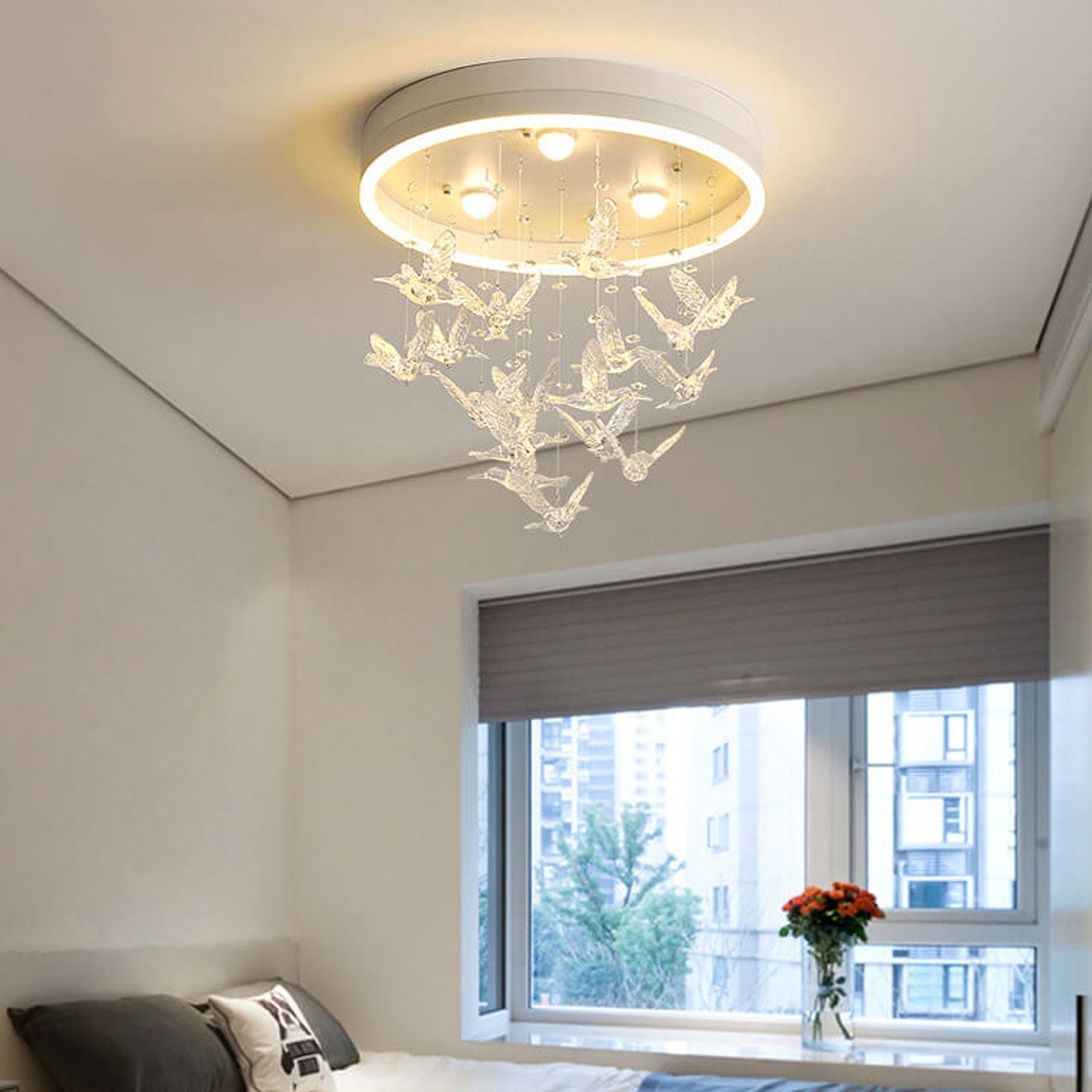 Modern Creative Cartoon Round Bird Skirt Hanging LED Flush Mount Ceiling Light Unique Kids Room Lighting Fixture Colorful Nursery Decor Fun Ceiling Lamp Stylish LED Lighting for Children’s Rooms Downlight Fixture