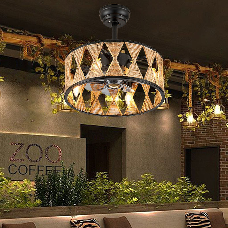 Industrial Hemp Rope Cylinder 4-Light Ceiling Fan Fixture