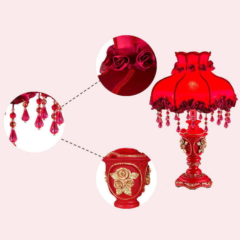 European Wedding Red Fabric Tassel Resin 1-Light Table Lamp for Bedroom, Living Room, Home Décor, Bohemian Style Lighting, Vintage Decorative Light Fixture, Elegant Room Accent, Unique Gift Idea, Warm Ambiance Lighting