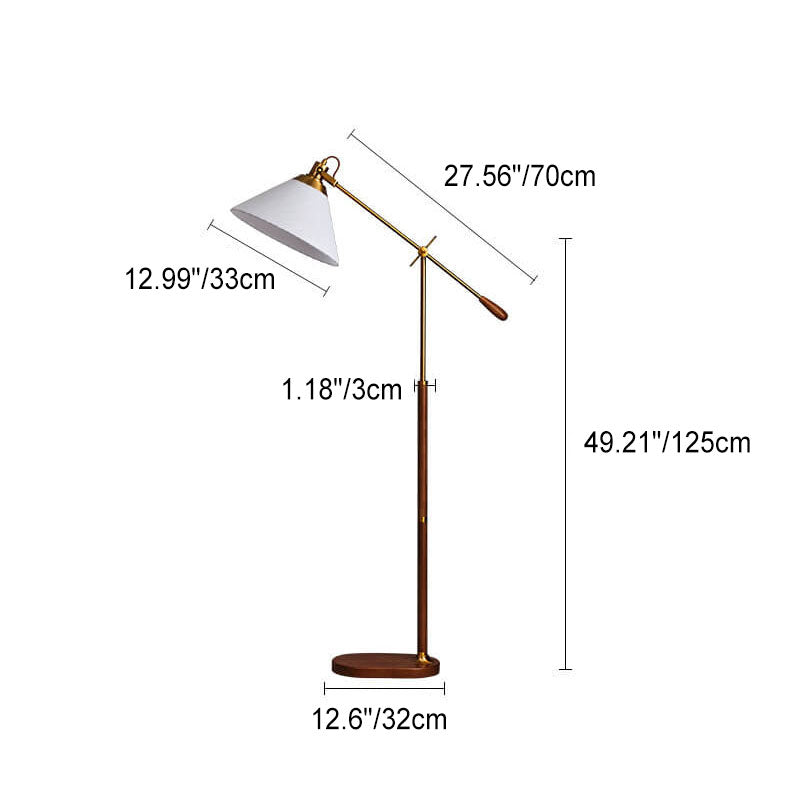 Vintage Fabric Cone Floor Lamp, Metal and Ash Wood, 1-Light for Bedroom