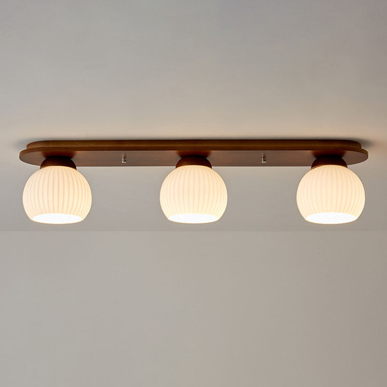 Traditional Japanese Striped Glass Wood Long Plate Flush Mount Ceiling Light