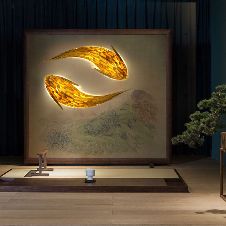 Modern Decorative Carp Linden Wood 2-Light Wall Sconce Lamp