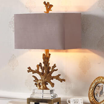 Modern Art Deco Linen Resin Crystal Coral Base 1-Light Table Lamp for Bedroom, Elegant Nightstand Lighting, Contemporary Home Decor, Decorative Bedroom Lighting, Unique Table Lamp Design, Stylish Coral Accent Light, Chic Bedroom Lighting Solution, Art Dec