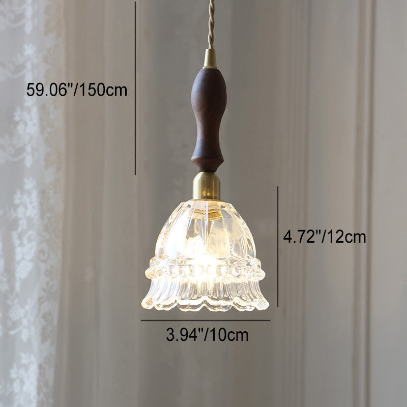 Traditional French Pastoral Walnut Jellyfish Pendant Light - 1-Light Glass Shade for Living Room