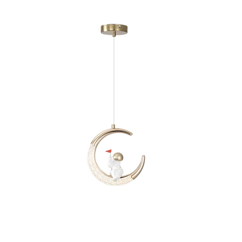 Modern Minimalist Acrylic Iron Astronaut Moon LED Pendant Light for Kids Room, Bedroom, Living Room Decor, Unique Space Themed Lighting, Stylish Nursery Light Fixture