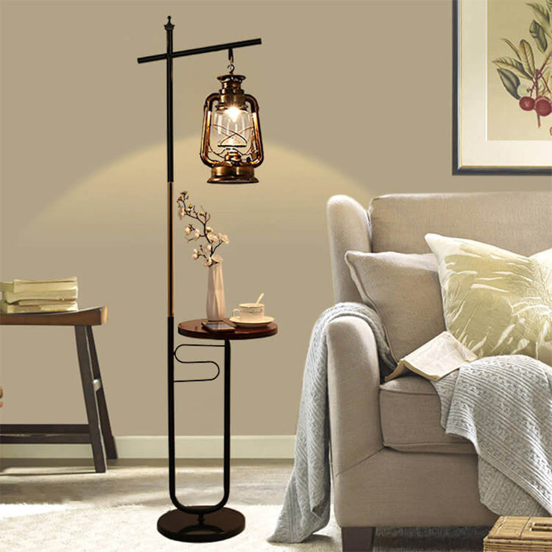 Vintage European Lantern Floor Lamp - Iron, Wood & Marble, 1-Light Standing Design
