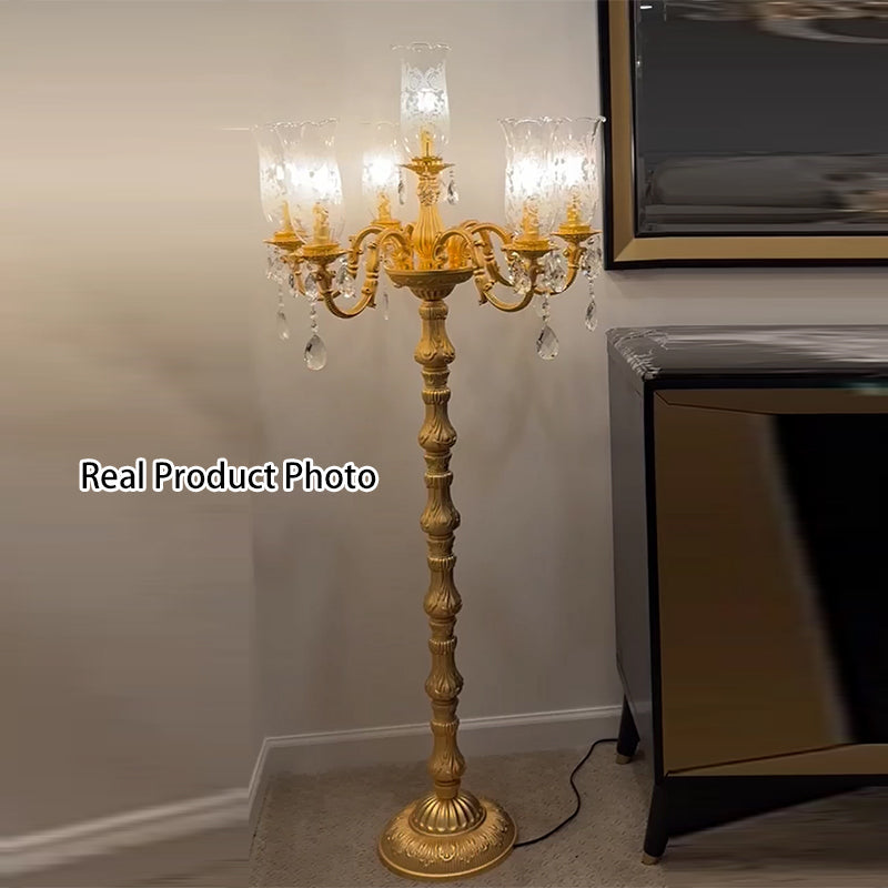 Luxury Golden Crystal Zinc Alloy 7-Light Floor Lamp for Bedroom