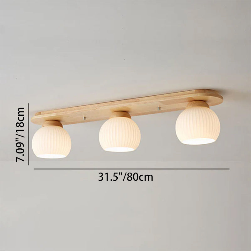 Traditional Japanese Striped Glass Wood Long Plate Flush Mount Ceiling Light