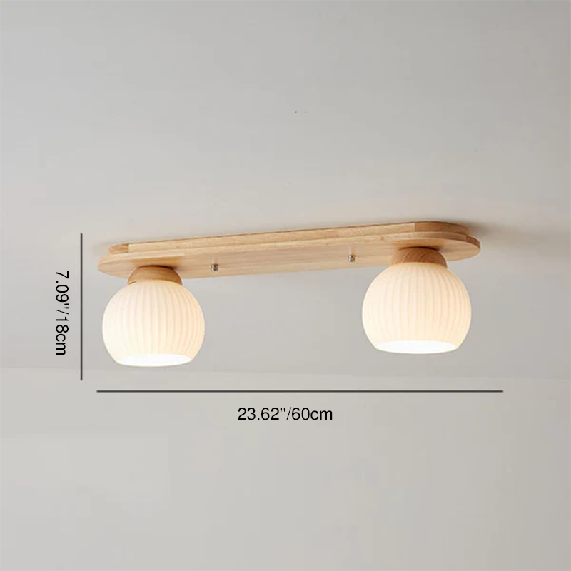 Traditional Japanese Striped Glass Wood Long Plate Flush Mount Ceiling Light