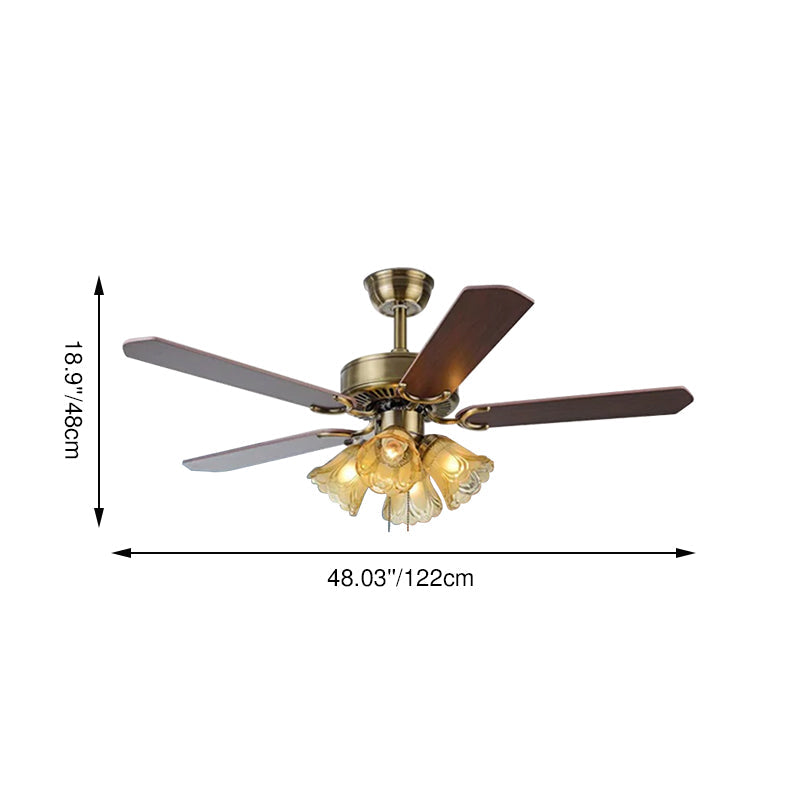 Traditional Retro Iron Wood Fan with Glass Shade 4-Light Ceiling Fixture