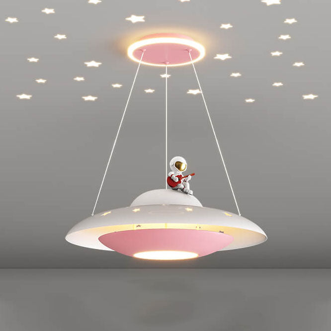 Modern Creative Flying Saucer Space Astronaut Children LED Chandelier Lighting Fixture for Kids Room Bedroom Playroom Nursery Unique Design for Child’s Space Theme Decor Stylish Ceiling Lamp for Kids Birthday Gift Astronaut Decor LED Lighting Kids Fixture