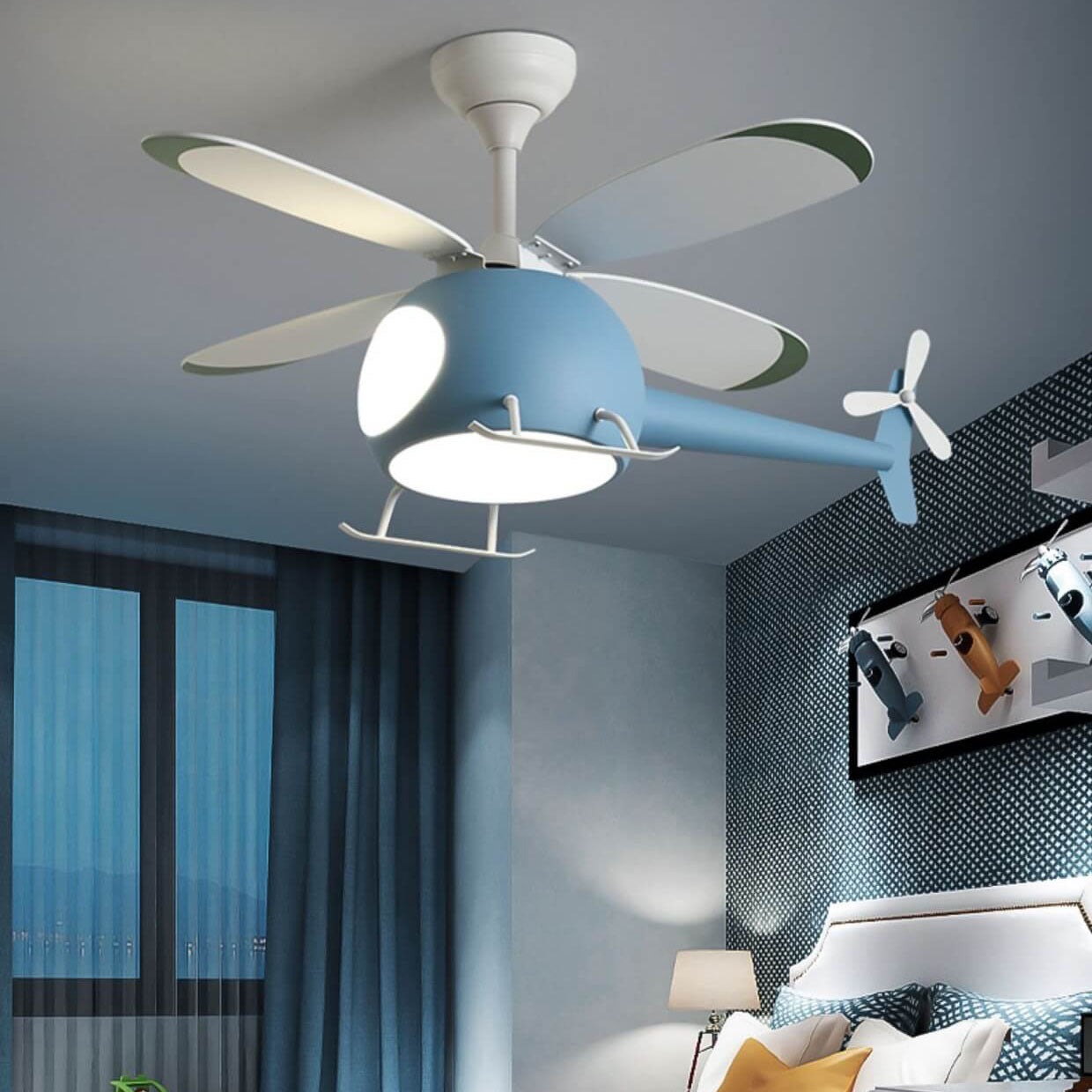 Simple Cartoon Aircraft LED Downrods Ceiling Fan Light Fixture for Kids Room Decor, Playroom Lighting, Colorful Aircraft Design, Energy Efficient Ceiling Fixture for Boys, Girls, Nursery Lighting, Fun Kids Aviation Theme Light