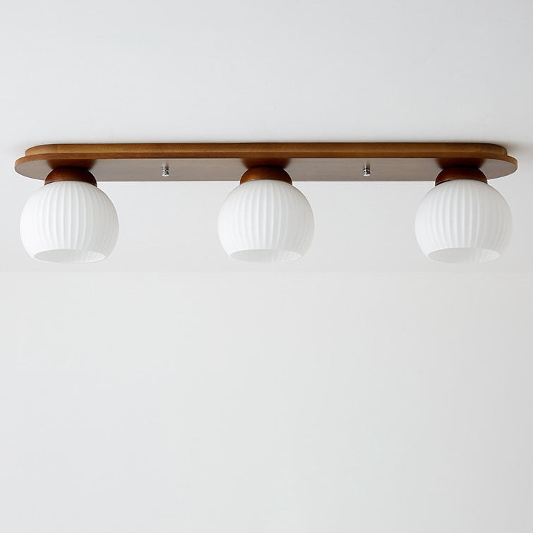 Traditional Japanese Striped Glass Wood Long Plate Flush Mount Ceiling Light
