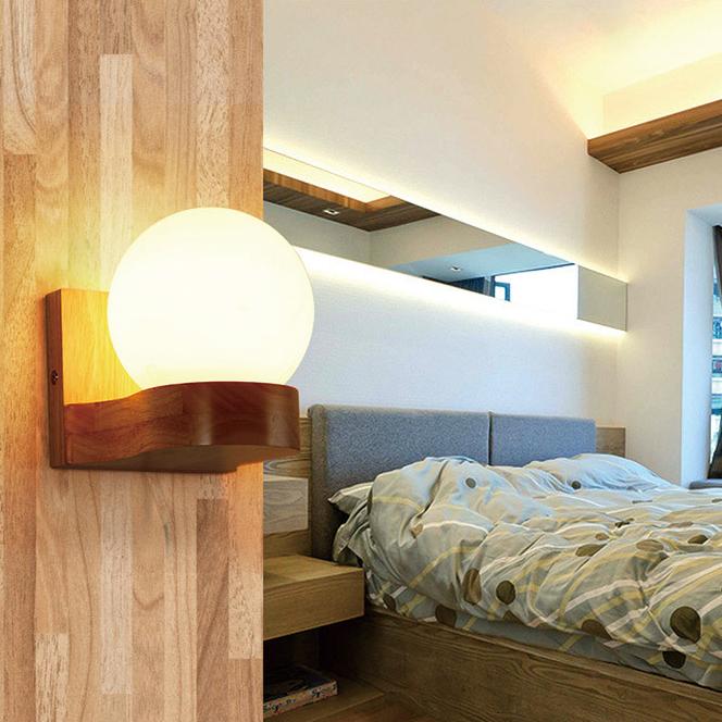 Contemporary Nordic Rubberwood Glass Ball Wall Sconce for Bedroom Lighting
