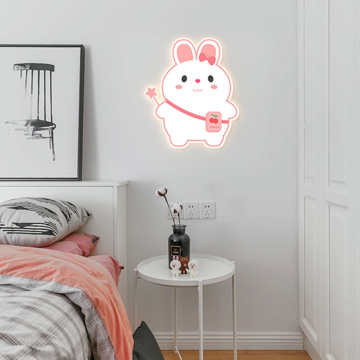 Creative Cartoon Rabbit Unicorn Kids LED Wall Sconce Lamp Night Light for Nursery Bedroom Home Decor Cute Animal Design Battery Operated Soft Glow Accent Light for Children's Room Playroom Wall Decor Gifts for Kids