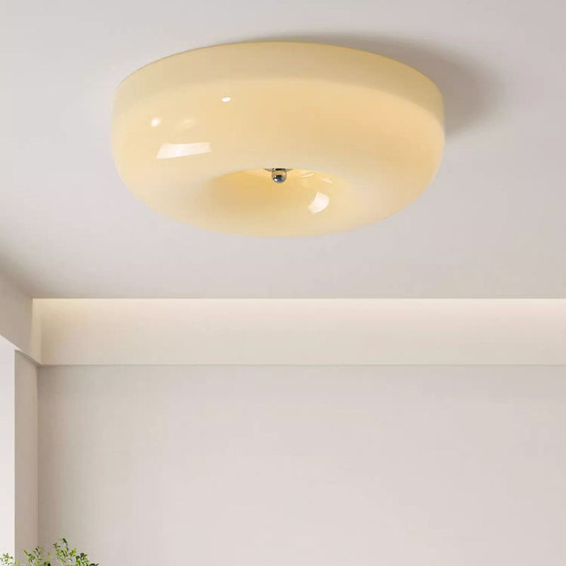 Contemporary Nordic Creamy Yellow Pudding Glass Shade Iron LED Flush Mount Ceiling Light