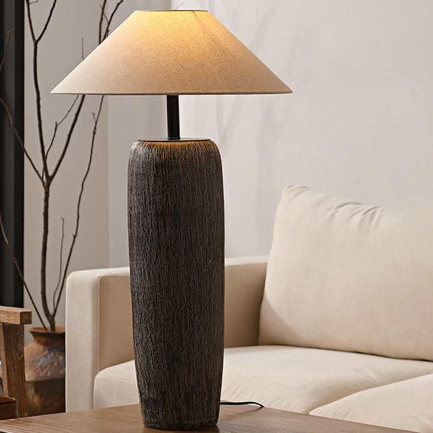 Japanese Wabi-Sabi Ceramic Column Base Floor Lamp - 1-Light Fabric Shade