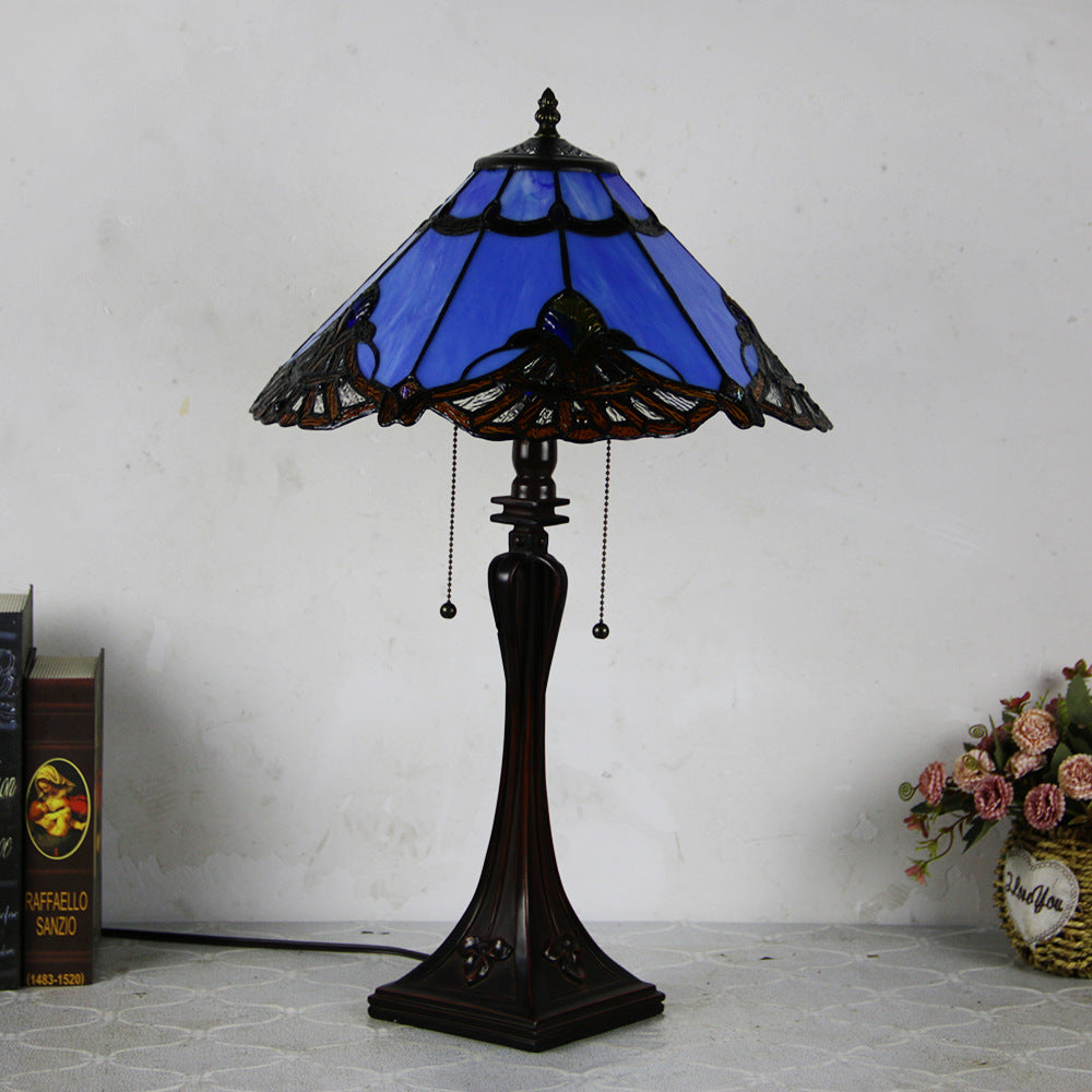 Tiffany Style Stained Glass 2-Light Cone Pull Cord Table Lamp for Bedroom
