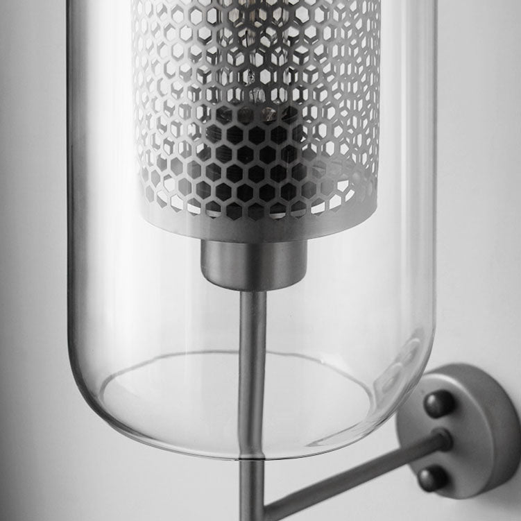 Contemporary Industrial Cylinder Glass Shade Wall Sconce - Iron Finish 1-Light Lamp for Bedroom