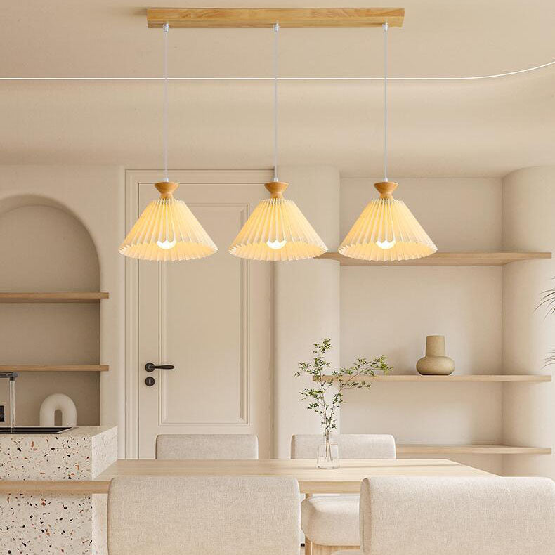 Traditional Japanese Rubberwood Pleated Cone Island Chandelier for Living Room