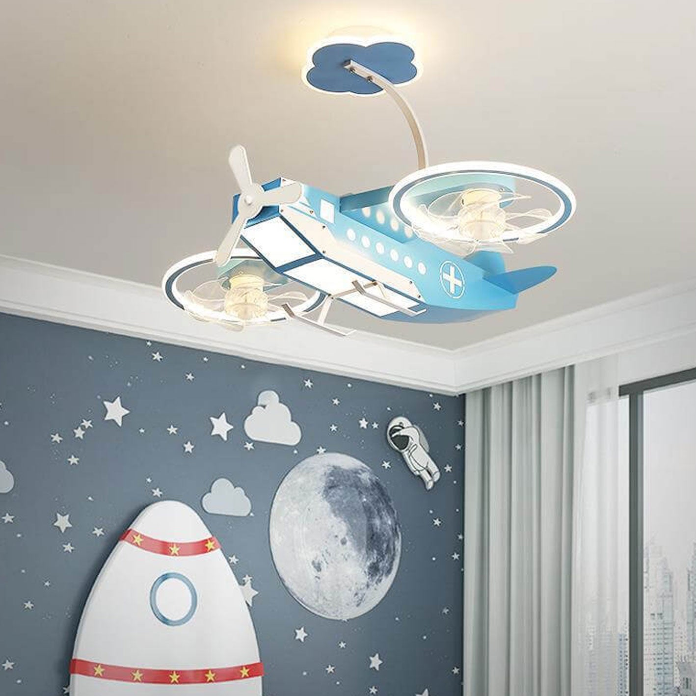 Creative Cartoon Aircraft Ceiling Fan Light for Kids Room, Fun Flush Mount Design, Airplane-Themed Illumination, Ideal for Nursery & Playroom Decor