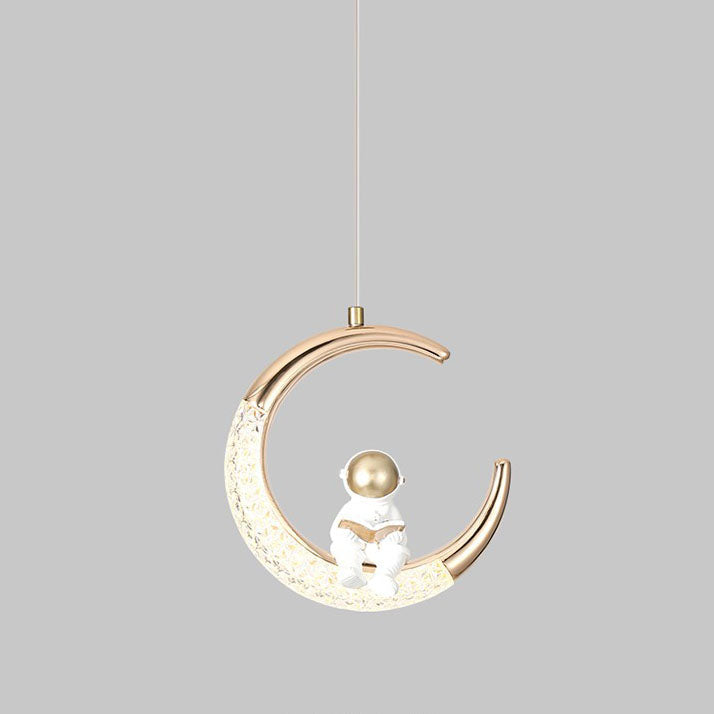Modern Minimalist Acrylic Iron Astronaut Moon LED Pendant Light for Kids Room, Bedroom, Living Room Decor, Unique Space Themed Lighting, Stylish Nursery Light Fixture