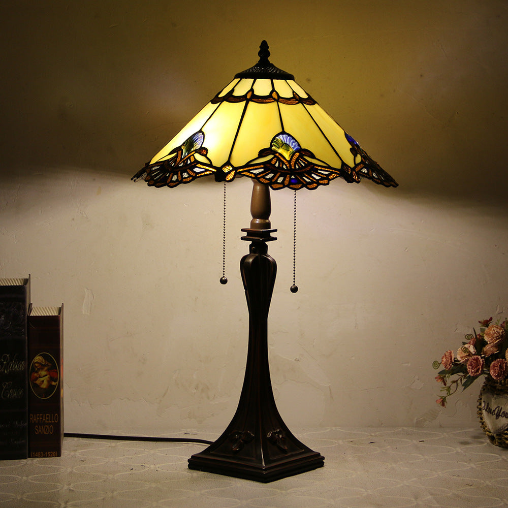 Tiffany Style Stained Glass 2-Light Cone Pull Cord Table Lamp for Bedroom
