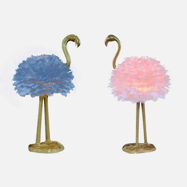 Contemporary Nordic Goose Feather Metal Flamingo Ball 1-Light Table Lamp for Bedside, Modern Accent Lighting, Decorative Bedroom Lamp, Unique Home Decor, Stylish Nightstand Light, Chic Flamingo Design, Soft Ambient Glow, Artful Lighting Fixture