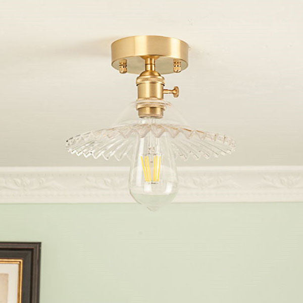 Vintage Round Ripple Brass Glass Semi-Flush Mount Light for Living Room