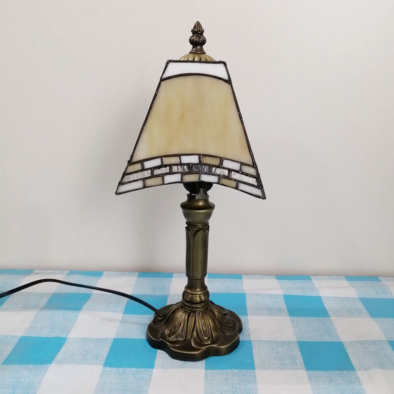 Traditional Tiffany Square Stained Glass Table Lamp - 1-Light Iron Fixture for Bedroom Decor