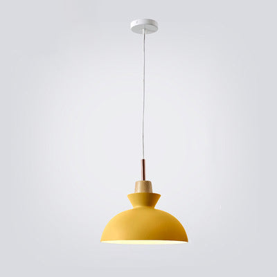Contemporary Nordic Oak Wood Iron Bell Pendant Light – 1-Light Dome for Living Room