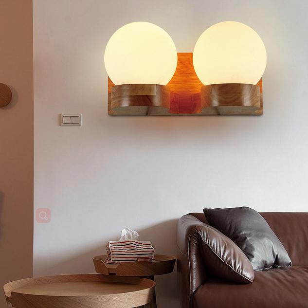Contemporary Nordic Rubberwood Glass Ball Wall Sconce for Bedroom Lighting