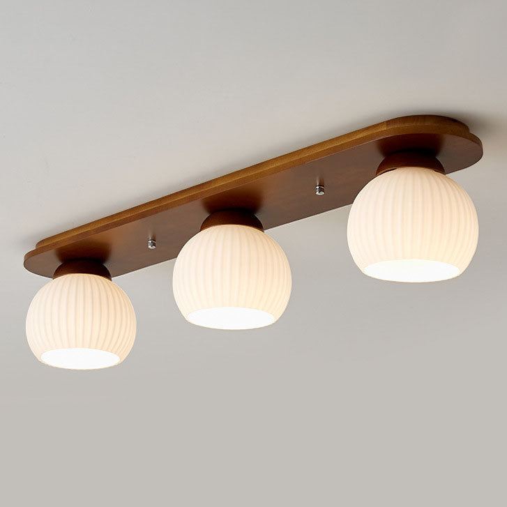 Traditional Japanese Striped Glass Wood Long Plate Flush Mount Ceiling Light