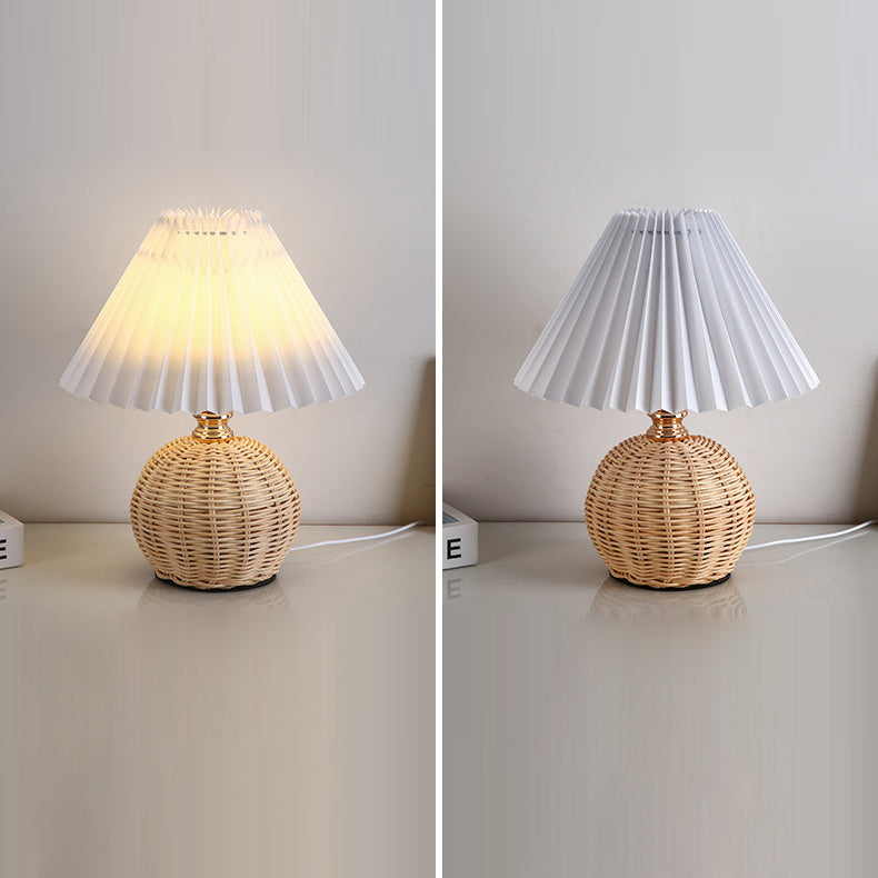 Contemporary Nordic Rattan Fabric Pleated Conic Ball LED Table Lamp Bedroom Decor Modern Lighting Elegant Home Accessories Stylish Bedroom Illumination Eco-Friendly Lighting Design Rustic Chic Table Lamp Warm White Glow Bedroom Aesthetic Sustainable Mater