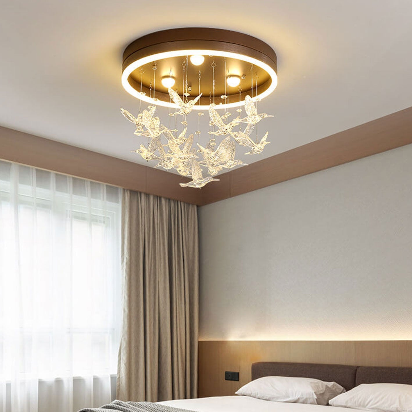 Modern Creative Cartoon Round Bird Skirt Hanging LED Flush Mount Ceiling Light Unique Kids Room Lighting Fixture Colorful Nursery Decor Fun Ceiling Lamp Stylish LED Lighting for Children’s Rooms Downlight Fixture