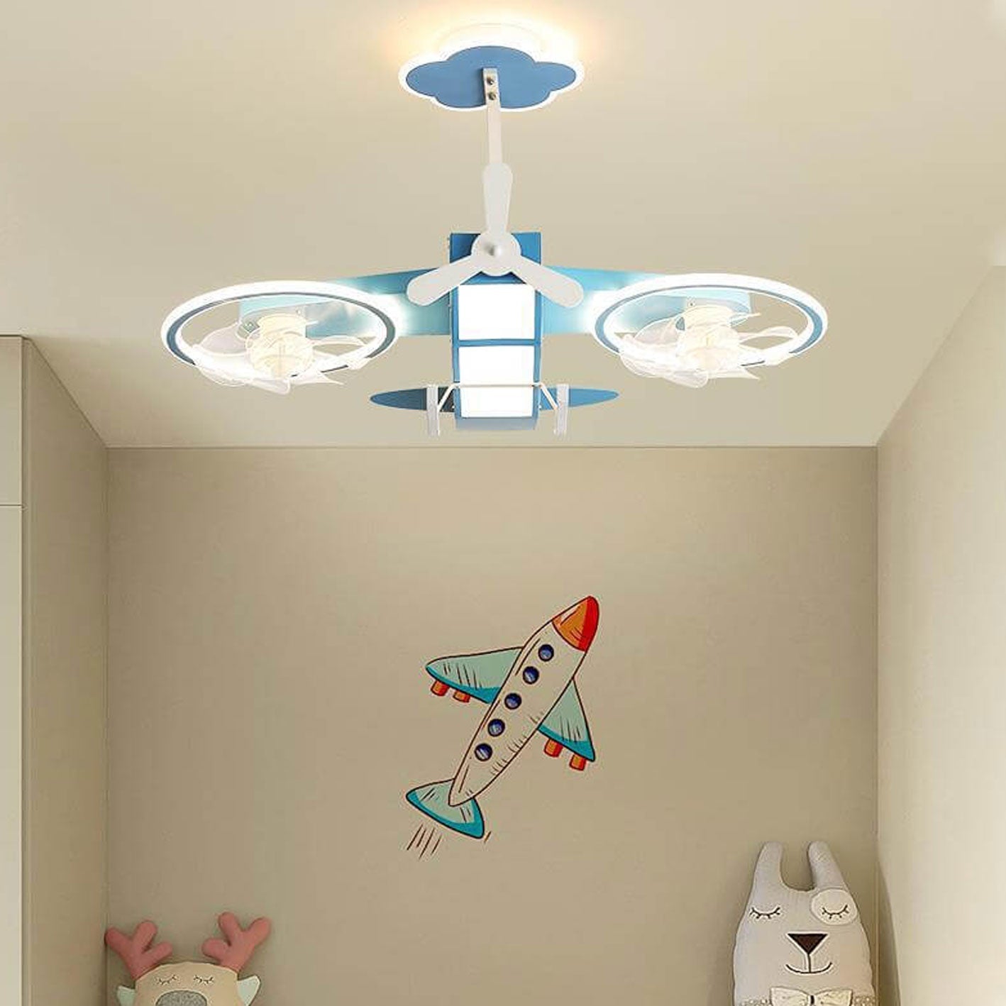 Creative Cartoon Aircraft Ceiling Fan Light for Kids Room, Fun Flush Mount Design, Airplane-Themed Illumination, Ideal for Nursery & Playroom Decor