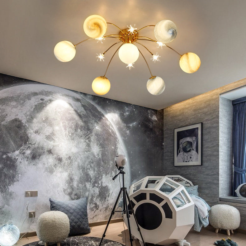 Contemporary Starry Sky 13-Light Semi-Flush Mount Ceiling Light for Bedroom, Iron and Glass Fixture, Modern Moon Design, Elegant Home Lighting