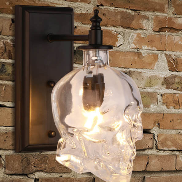 Contemporary Skull Glass Iron Wall Sconce - 1-Light Halloween Lamp for Living Room